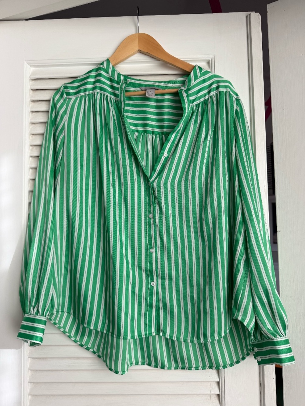 H&M Green and White Striped Button-Down Blouse